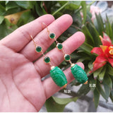 Handcarved Green Jade Earrings 925 Sterling Silver Jewelry for Women