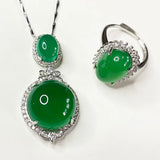 Natural Ice Green Chalcedony Emerald S925 Set Necklace Pendant Ring