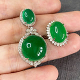 Natural Ice Green Chalcedony Emerald S925 Set Necklace Pendant Ring