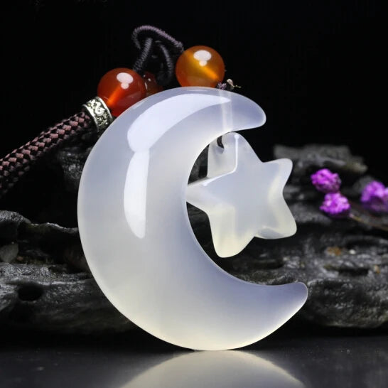 Natural Ice Chalcedony Pendant Sweet Star Moon Necklace