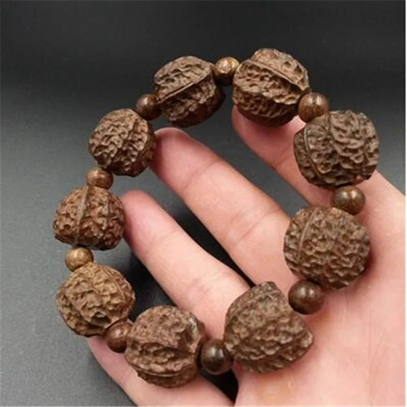 Sandalwood Guanyin Buddha Head Walnut Tibetan Dzi Beads Bracelet