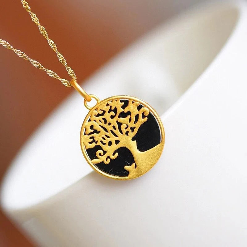 Natural Ink Jade Round Tree Pendant Silver Necklace