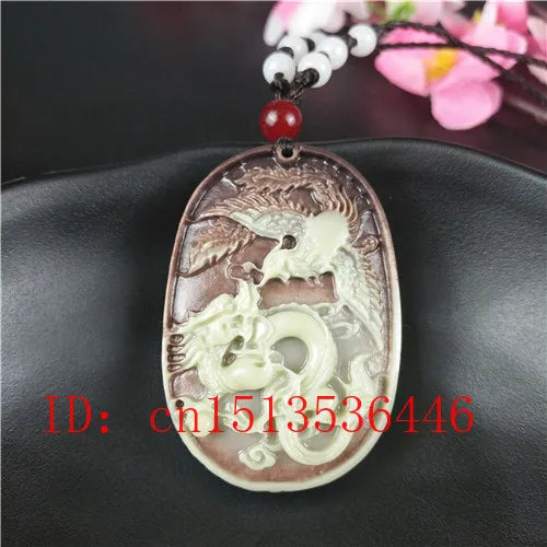 Hand-Carved Natural Jade Dragon Phoenix Pendant Necklace Charm