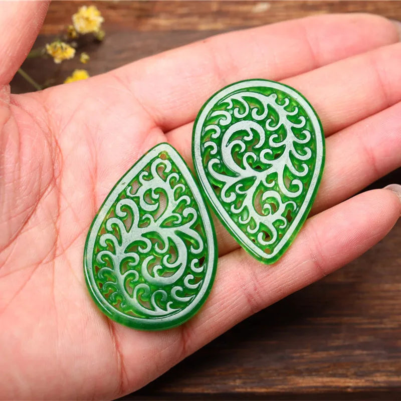 Natural Jadeite Drop Shape Hollow Out DIY Jade Pendant Earring Jade Accessories