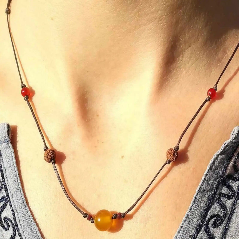 Natural Knot Rudraksha Yellow Agate Pendant Necklace