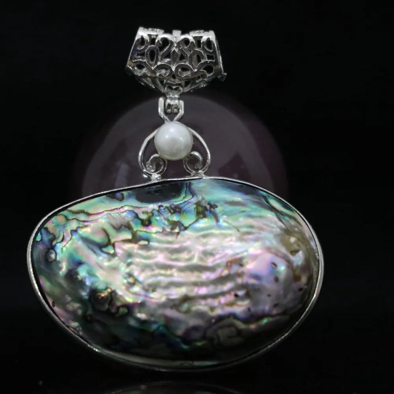 Large Natural Abalone Shell Oval Pendant Pearl Beads Charms Jewelry