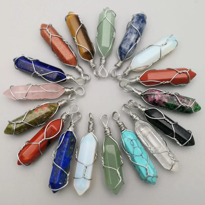 Mixed Stone Pendant for Necklace Wire Jewelry Quartz Crystal Tiger Eye Rose 24pc