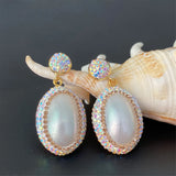 Oval Shell Rhinestone Earrings Noble Lady Jewelry