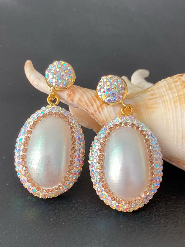 Oval Shell Rhinestone Earrings Noble Lady Jewelry