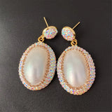 Oval Shell Rhinestone Earrings Noble Lady Jewelry