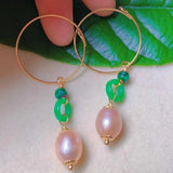 Pink Pearl Jadeite Malachite Earrings 18k Wedding Jewelry Hook
