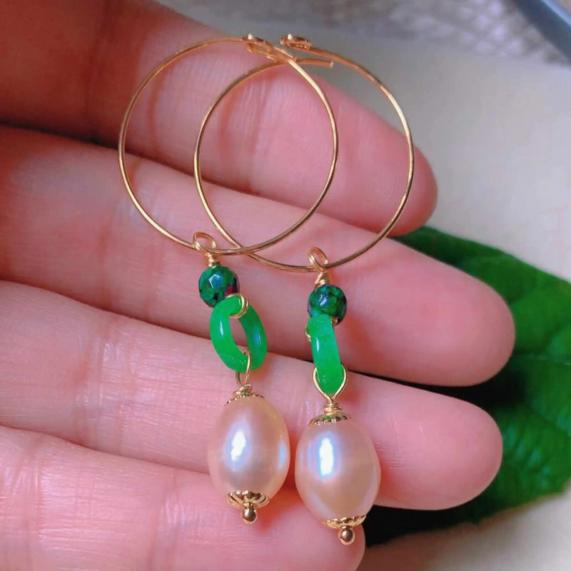 Pink Pearl Jadeite Malachite Earrings 18k Wedding Jewelry Hook