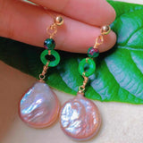 Pink Pearl Jadeite Malachite 18k Earrings Women Mother's Thanksgiving