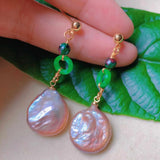 Pink Pearl Jadeite Malachite 18k Earrings Women Mother's Thanksgiving