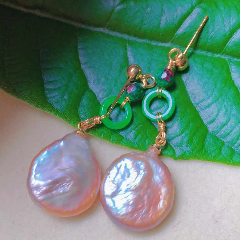 Pink Pearl Jadeite Malachite 18k Earrings Women Mother's Thanksgiving
