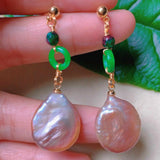 Pink Pearl Jadeite Malachite 18k Earrings Women Mother's Thanksgiving