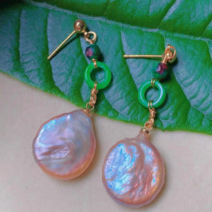 Pink Pearl Jadeite Malachite 18k Earrings Women Mother's Thanksgiving
