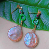 Pink Pearl Jadeite Malachite 18k Earrings Women Mother's Thanksgiving