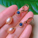 Pink Pearl Lapis Lazuli Beads Earrings 18k Hook DIY