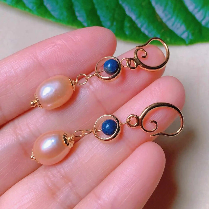 Pink Pearl Lapis Lazuli Beads Earrings 18k Hook DIY