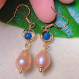 Pink Pearl Lapis Lazuli Beads Earrings 18k Hook Gift