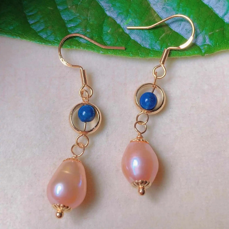 Pink Pearl Lapis Lazuli Beads Earrings 18k Hook Gift