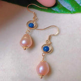 Pink Pearl Lapis Lazuli Eardrop 18k Earrings for Mother's Day