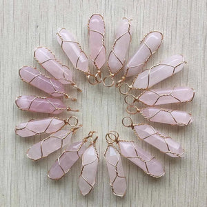 Pink Quartz Stone Pillar Wire Pendants 24pcs/lot