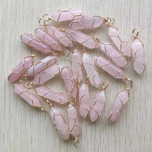 Pink Quartz Stone Pillar Wire Pendants 24pcs/lot