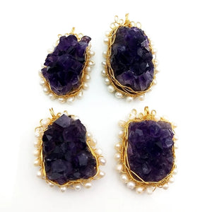 Amethyst Druzy Pearl Pendant Wire Wrapped Beads Necklace DIY