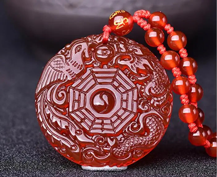 Natural Red Agate Dragon Phoenix Pendant Jade Plate Taiji Trigrams Jade Plate