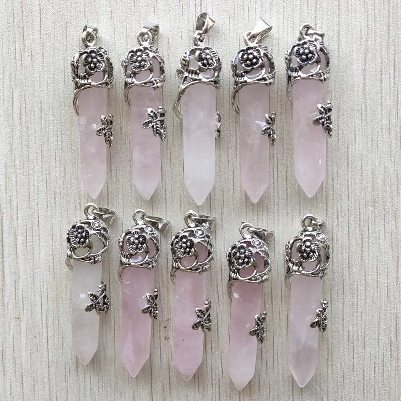 Roses Quartz Stone Flower Pendants for Jewelry Making