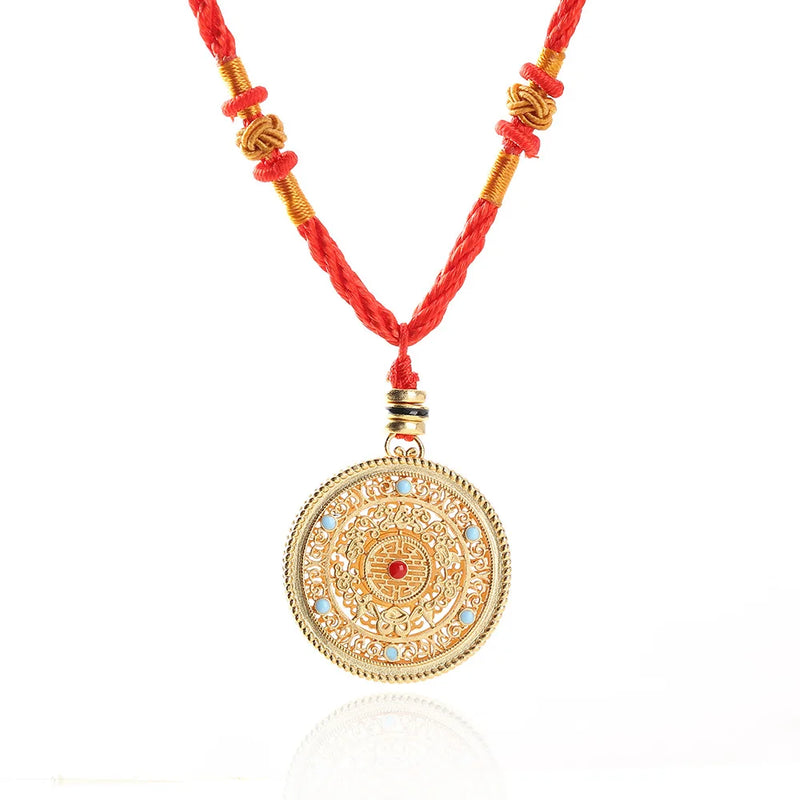 Chinese Retro Red Enamel Porcelain Pendant Necklace