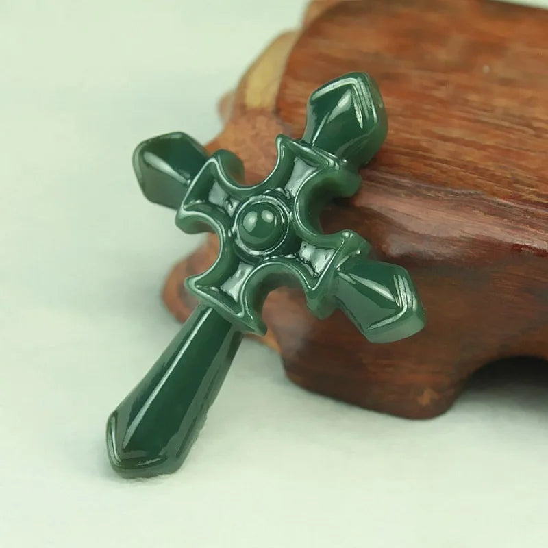 HeTian Stone Carved Cross Pendant Necklace Lucky Jewelry