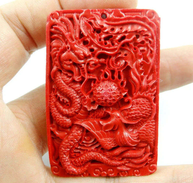 Natural Stone Quartz Crystal Red Cinnabar Dragon Phoenix Pendant