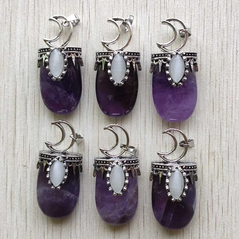 Amethysts Roses Crystal Silver Moon Pendants 6pcs/lot