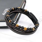 Men's Natural Stone Leather Woven Bracelet with Magnetic Clasp