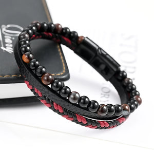 Men's Natural Stone Leather Woven Bracelet with Magnetic Clasp