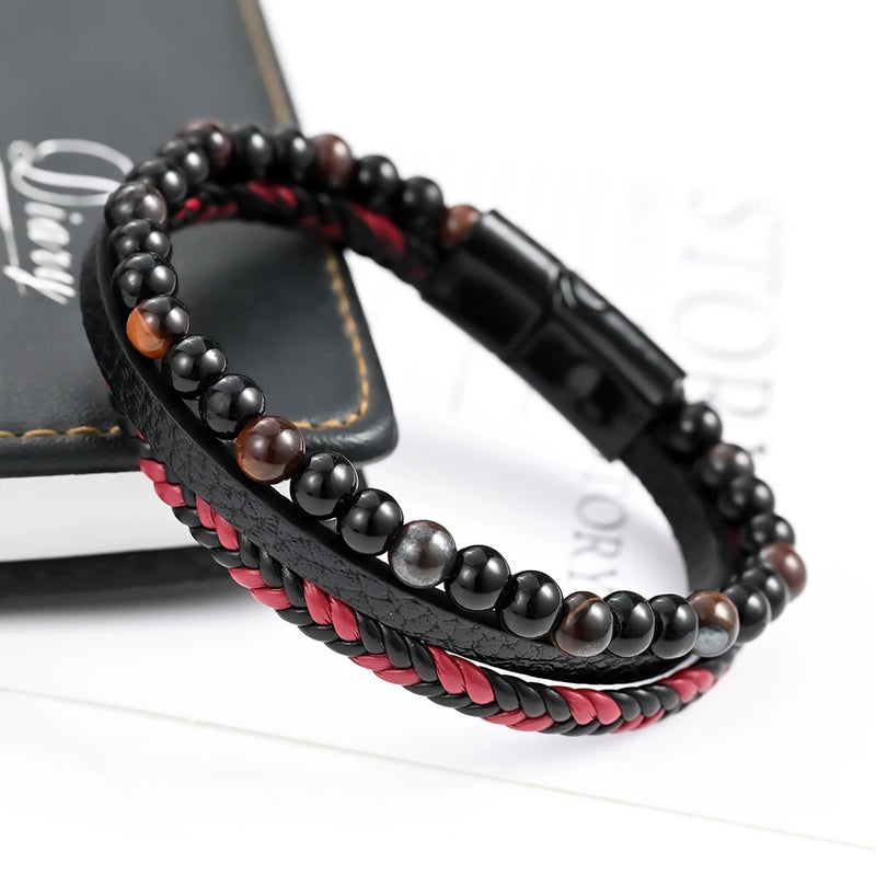 Men's Natural Stone Leather Woven Bracelet with Magnetic Clasp