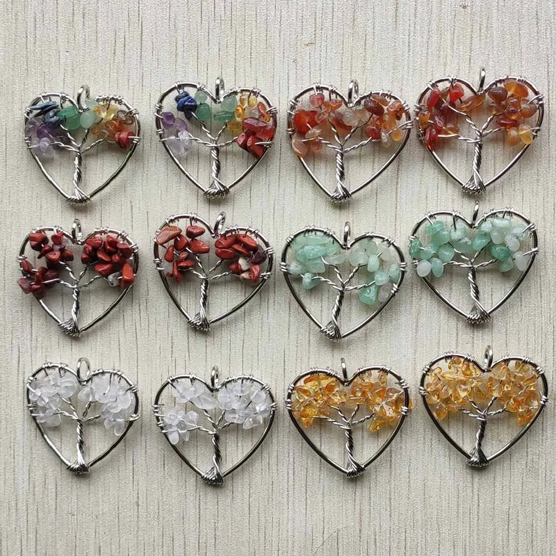 Tree of Life Pendant Natural Stone Silver Wire Heart 12pcs