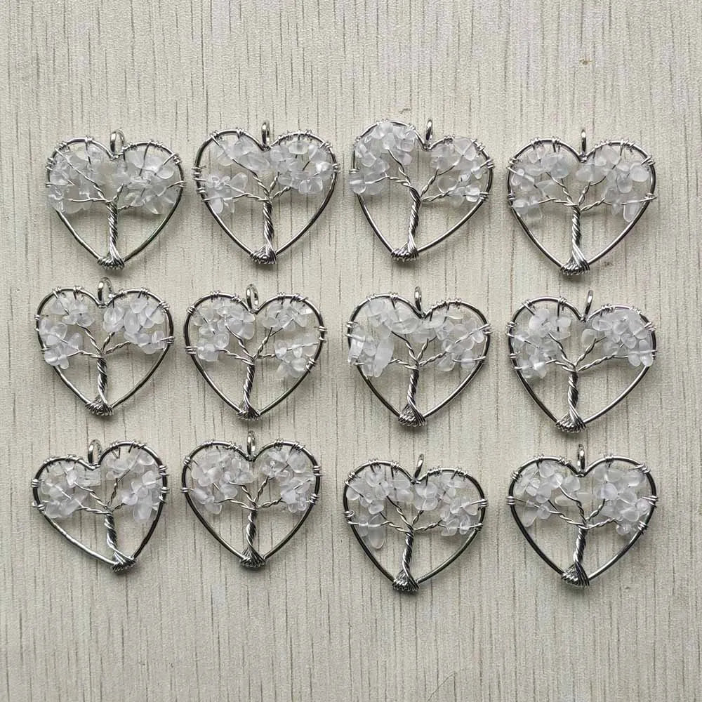 Tree of Life Pendant Natural Stone Silver Wire Heart 12pcs