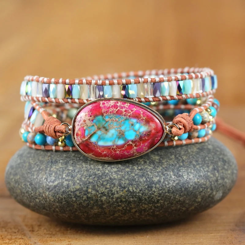 Boho Braid Leather Bracelet with Natural Stone Wrap - Women's Jewelry