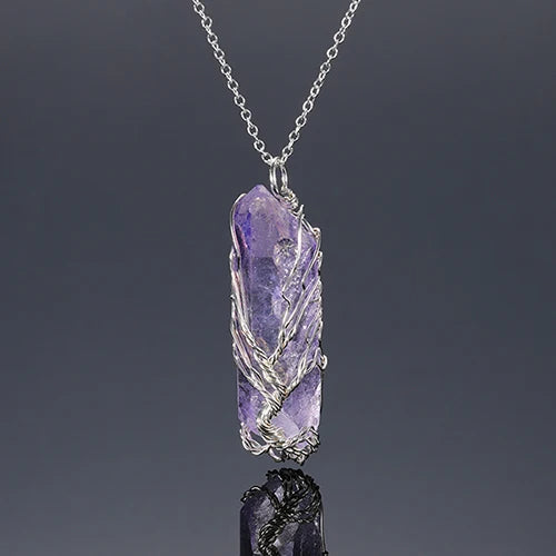 Tree of Life Crystal Pendant Wire Wrapped Quartz Point Purple Stone Necklace