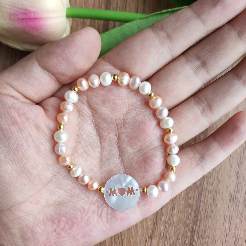 15mm MOM Hollow Letter Pearl Shell Bead Round MAMA & Freshwater Pearl Bracelet
