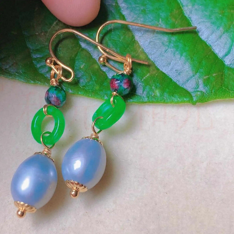 Natural Eggshell Pearl Green Jade Ring Malachite Earrings
