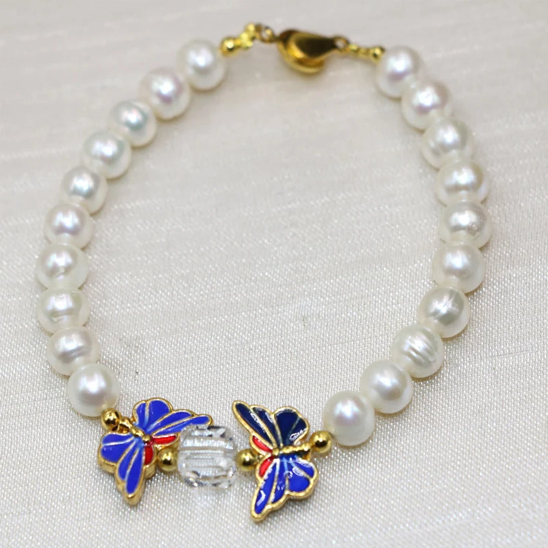 Natural Pearl 7-8mm Butterfly Cloisonne Beads Strand Bracelet DIY Jewelry