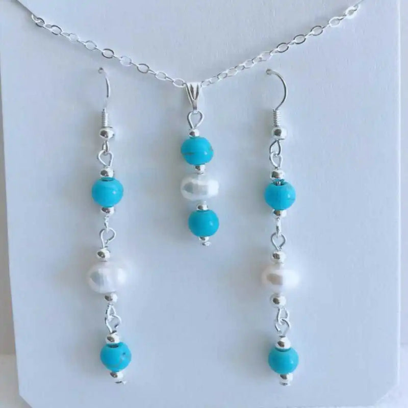 Natural Pearl Turquoise Pendant Earring Set Necklace Charms