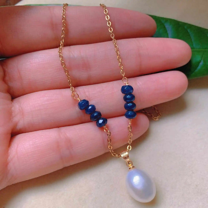 Natural Round Pearl Lapis Lazuli Beads Necklace Green Stone