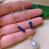 Natural Round Pearl Lapis Lazuli Beads Necklace Green Stone
