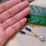 Natural Round Pearl Lapis Lazuli Beads Necklace Green Stone